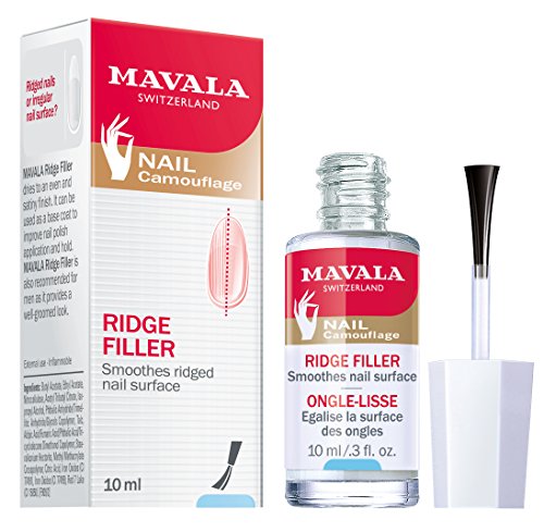 Clear glass bottle with a black cap containing "Ridge Filler" nail treatment, accompanied by a white and red box featuring product details and a nail graphic.