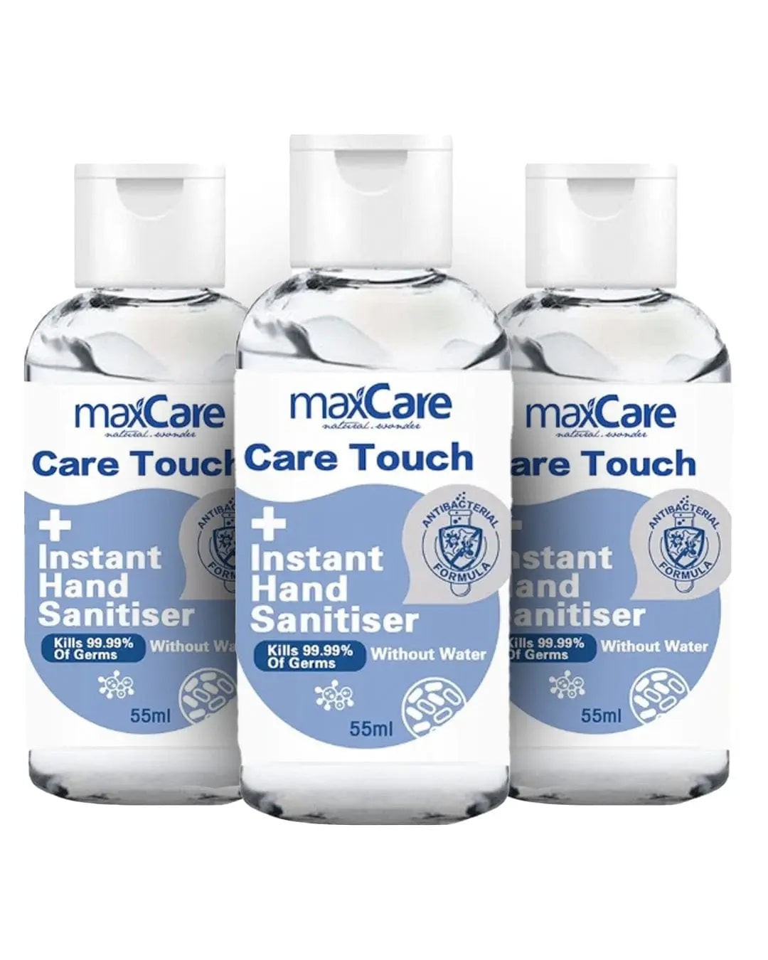Three clear plastic bottles of Max Care Hand Sanitiser, each 55 ml, featuring a white label with blue text, indicating 75% alcohol content and germ-killing properties.