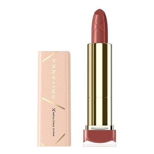 Max Factor Priyanka Lipstick in shade 012 Fresh Rose, featuring a sleek gold and pale pink tube with a creamy brown velvet finish.