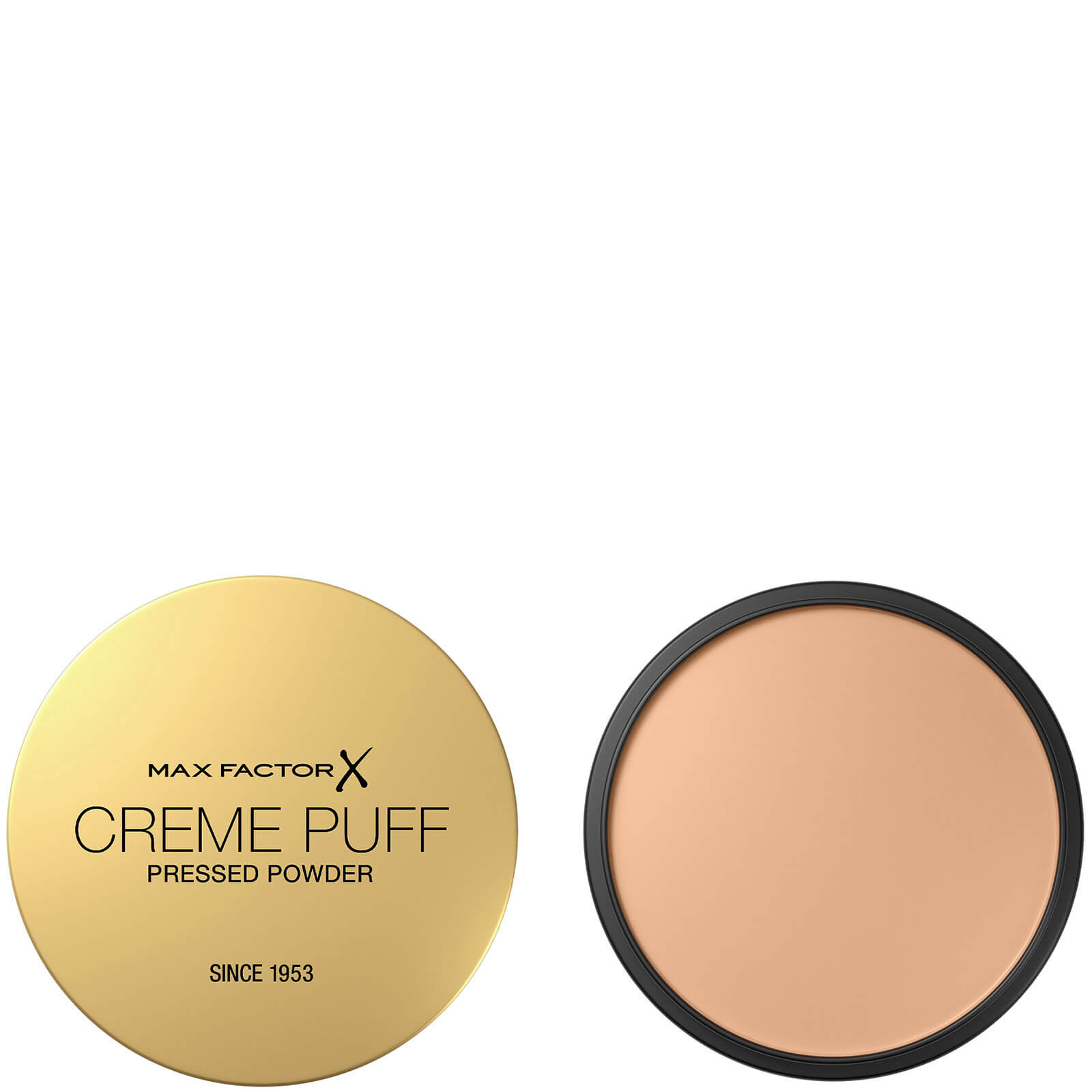 Debenhams Creme Puff Powder in Translucent features a sleek gold compact with a black rim, revealing a smooth, light beige pressed powder inside.