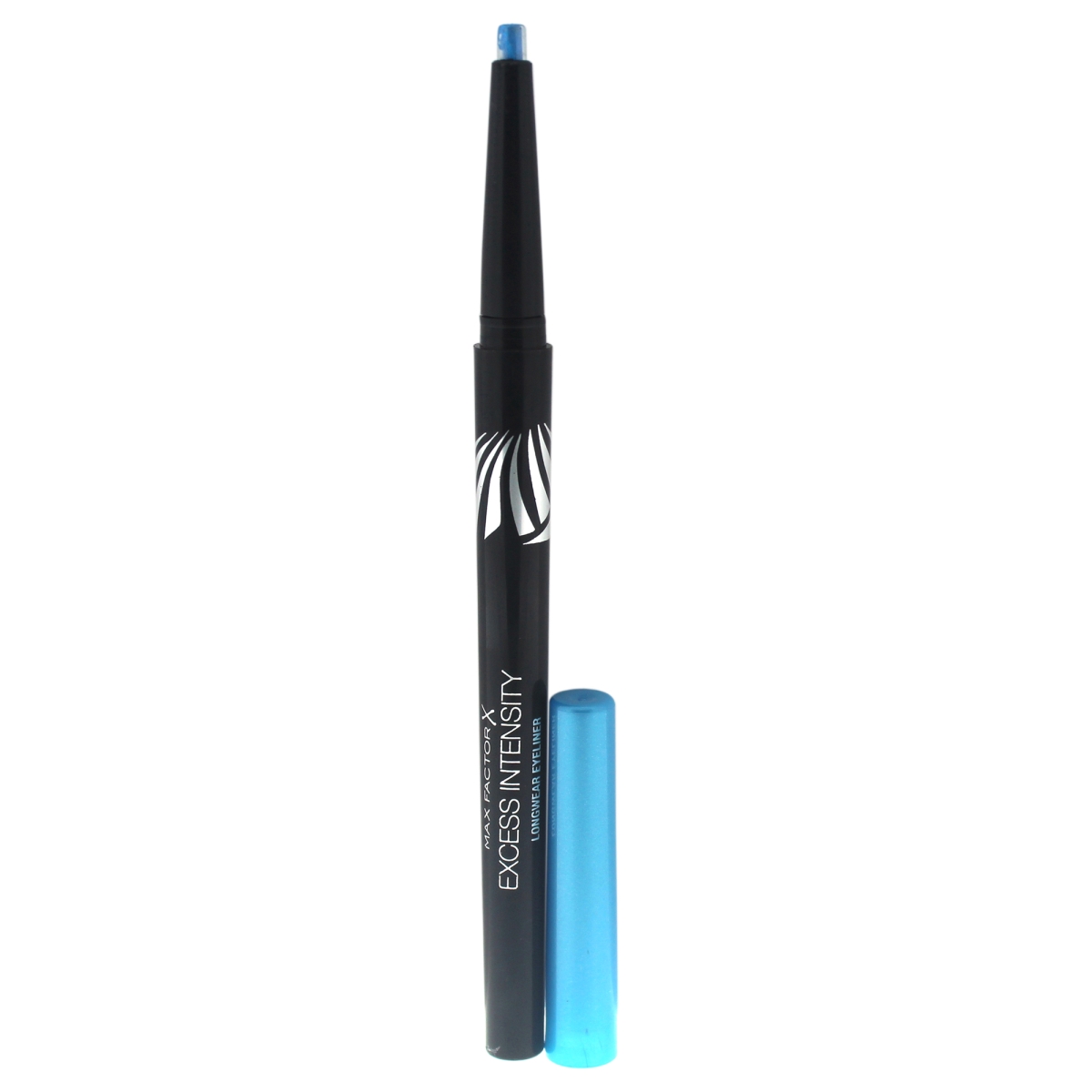 Black eyeliner pencil with a sleek design, featuring a removable cap in bright aqua blue, labeled "EXCESS INTENSITY" and marked with shade "02 Excess Aqua."