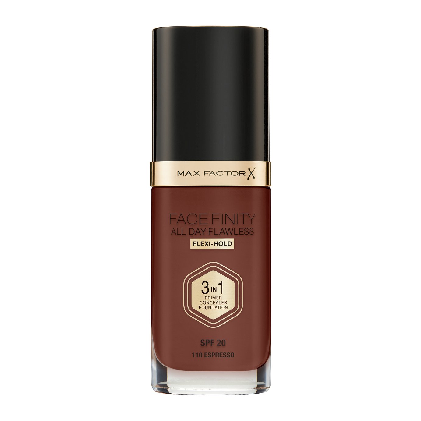 Max Factor Facefinity 3-in-1 liquid foundation in 110 Espresso, 30 ml bottle with a sleek black cap and gold accents, featuring SPF 20 for all-day flawless coverage.