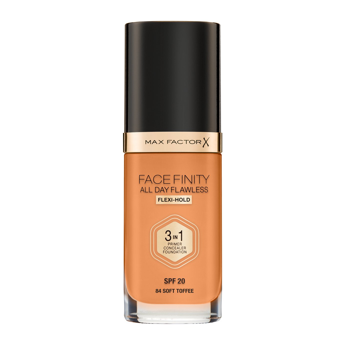 Max Factor Face Finity All Day Flawless foundation in 84 Soft Toffee, featuring a sleek glass bottle with a black cap, labeled with SPF 20 and 3-in-1 benefits.