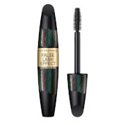 Max Factor False Lash Effect Mascara in Raven Black features a sleek black tube with a gold label, accompanied by a bristle brush for enhanced lash volume.