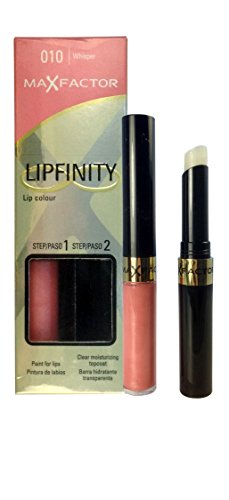 Max Factor Lipfinity Lipstick in shade 010 Whisper, featuring a dual-ended design with a pink lip color on one side and a clear topcoat on the other, packaged in a sleek box.
