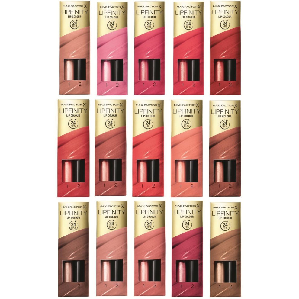 Max Factor Lipfinity Lipstick Two Step in various shades, displayed in sleek boxes with a gold logo, showcasing vibrant colors and a clear window to view the product inside.