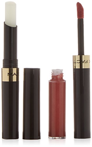 Max Factor Lipfinity Lipstick in shade 070 Spicy, featuring a two-step application with a clear base and a red-tinted liquid lipstick in a sleek black tube.