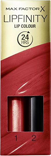 Max Factor Lipfinity Lipstick in box, featuring two tubes: a vibrant red shade labeled '1' and a clear topcoat labeled '2', promising 24-hour wear.