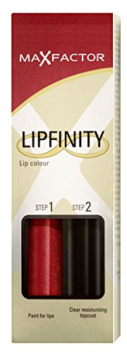 Max Factor Lipfinity 130 Luscious features a two-step lip color kit with a vibrant red liquid lipstick and a clear moisturizing topcoat in a sleek, rectangular package.