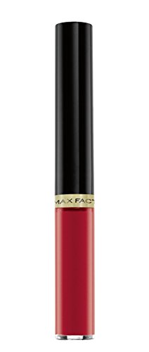 Max Factor Lipfinity lip gloss in #142 Evermore Radiant, featuring a sleek black cap and gold band, with a vibrant red gloss visible in the tube.