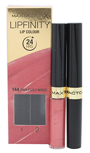 Max Factor Lipfinity in shade #144 Endlessly Magic, featuring a dual-ended design with a glossy pink lip color and a black applicator, packaged in a gold and pink box.