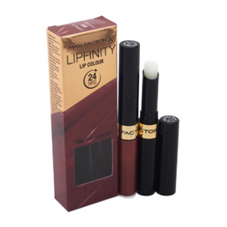 Max Factor Lipfinity Lipstick in a bronzed shade, featuring a dual-ended design with a liquid lipstick and a clear topcoat, packaged in a gold and maroon box.