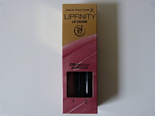 Max Factor Lipfinity Lipstick in shade 210 Endlessly Mesmerising, featuring a two-step application, packaged in a gold and pink box with clear labeling.