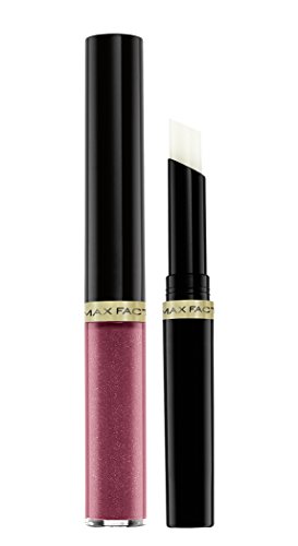 Max Factor Lipfinity Lipstick Two Step set in a sleek black box, featuring a shimmering pink liquid lipstick and a clear topcoat applicator.