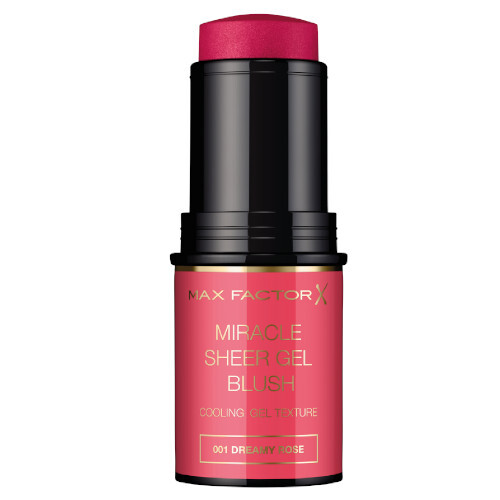 Max Factor Miracle Sheer Gel Blush in 001 Dreamy Rose, featuring a sleek black tube with a gold label, and a vibrant pink gel blush stick at the top.