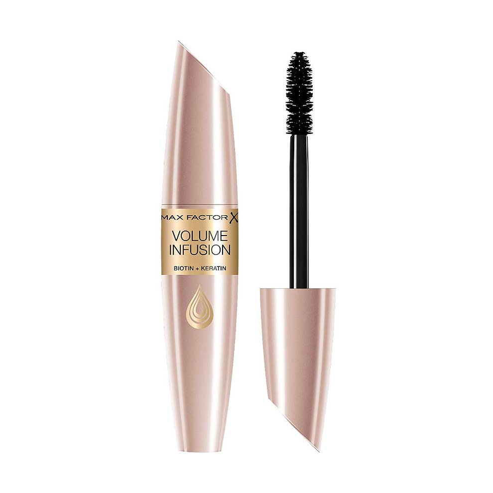 Max Factor Volume Infusion Conditioning Mascara in Black Brown, featuring a sleek rose gold tube with a black brush, designed to enhance volume and nourish lashes with biotin and keratin.