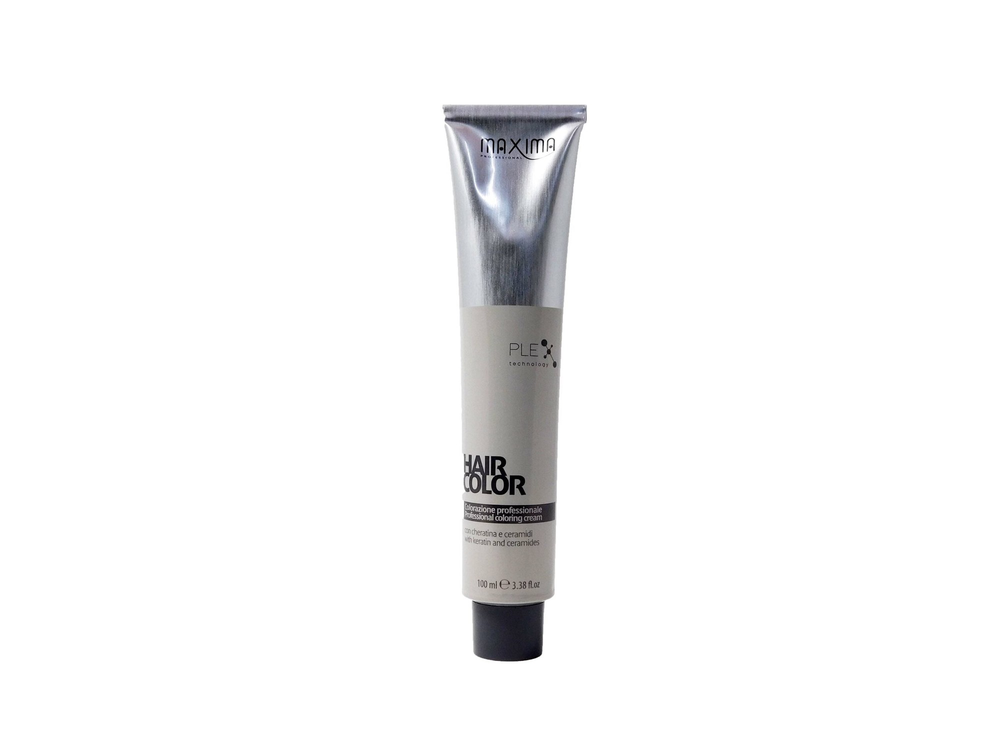 Maxima Couleur Pour Cheveux Technology Plex is a 100 ml tube with a silver cap, featuring a beige body and black text, designed for hair coloring.