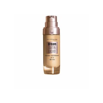 Maybelline Affinitone Mineral Foundation in a sleek glass bottle with a pump dispenser, featuring a light beige shade and SPF 18, labeled for shade selection.