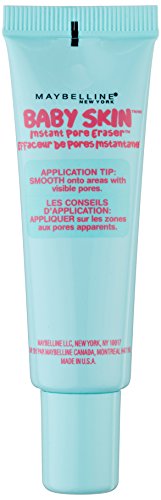 Light blue squeeze tube with a white cap, labeled "Baby Skin Instant Pore Eraser" by Maybelline, designed for pore minimising and suitable for all skin types.