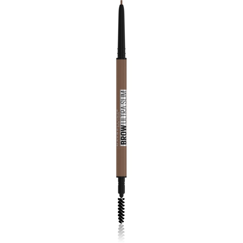 Maybelline Brow Ultra Slim Eyebrow Pencil in 04 Medium Brown, featuring a slim, retractable pencil tip and a spiral brow brush on the opposite end.