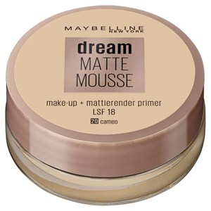 Jade Dream Matte Mousse Foundation by Maybelline features a beige mousse in a clear glass jar with a beige and gold lid, labeled with "Dream Matte Mousse" and shade "20 Cameo."