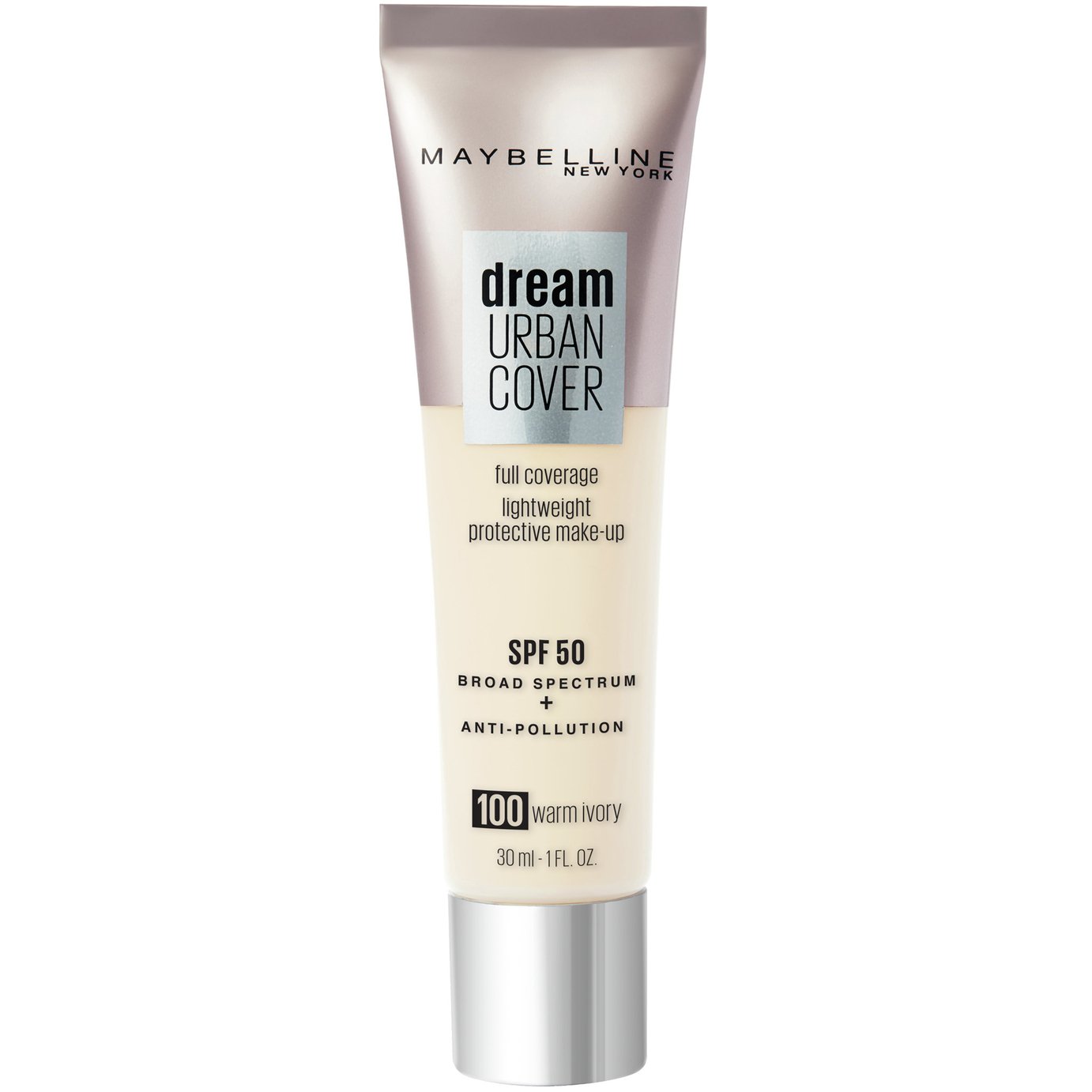 Maybelline Dream Urban Cover makeup tube in Warm Ivory shade, featuring a sleek, metallic cap, with SPF 50 protection and anti-pollution benefits, 30 ml size.