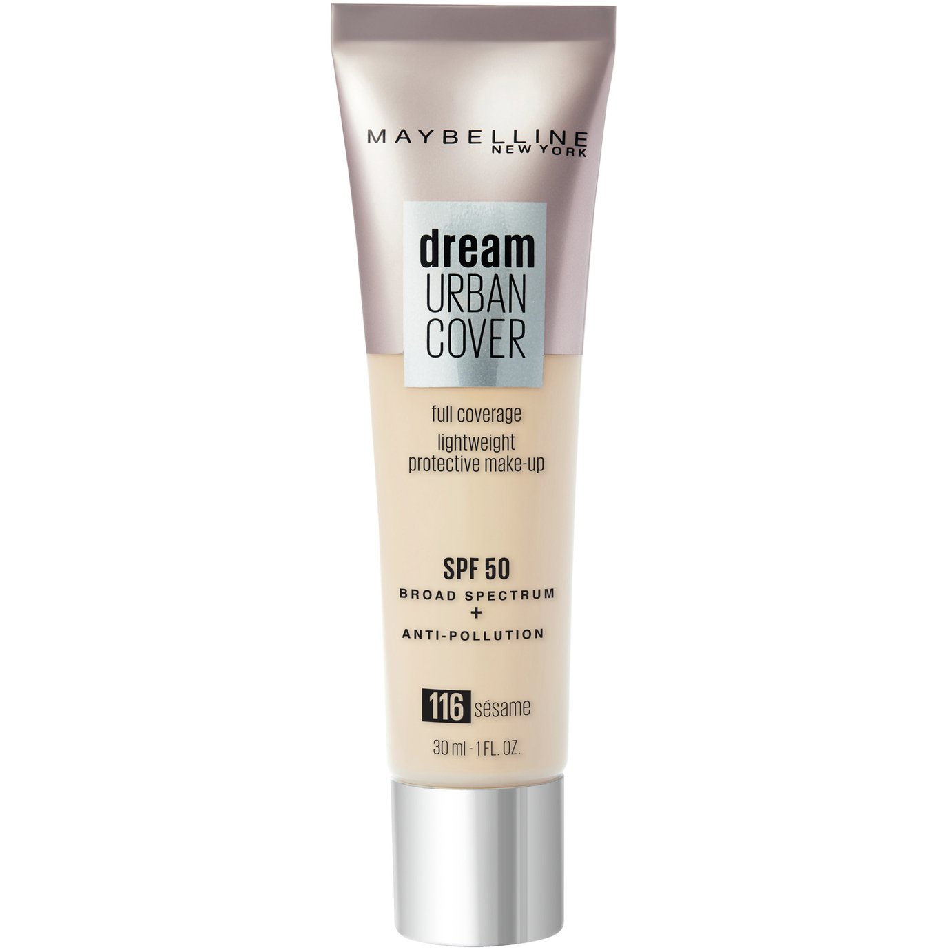 Maybelline Dream Urban Cover foundation in a 30ml tube, featuring a light beige shade labeled "116 Sesame," with SPF 50 and anti-pollution benefits, in a sleek, modern design.