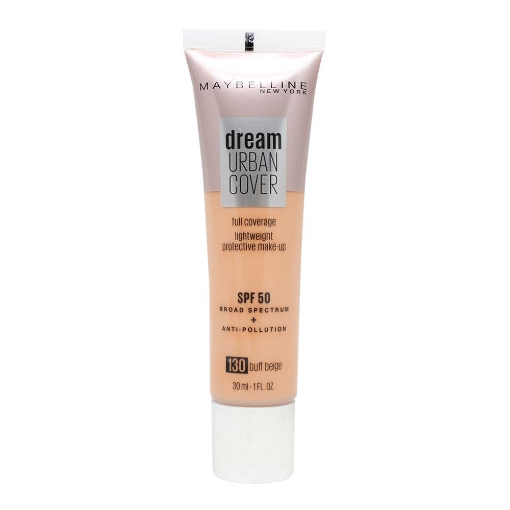 Maybelline Dream Urban Cover foundation in a 30ml tube, featuring a light beige color labeled "130 Buff Beige," with SPF 50 and anti-pollution benefits.
