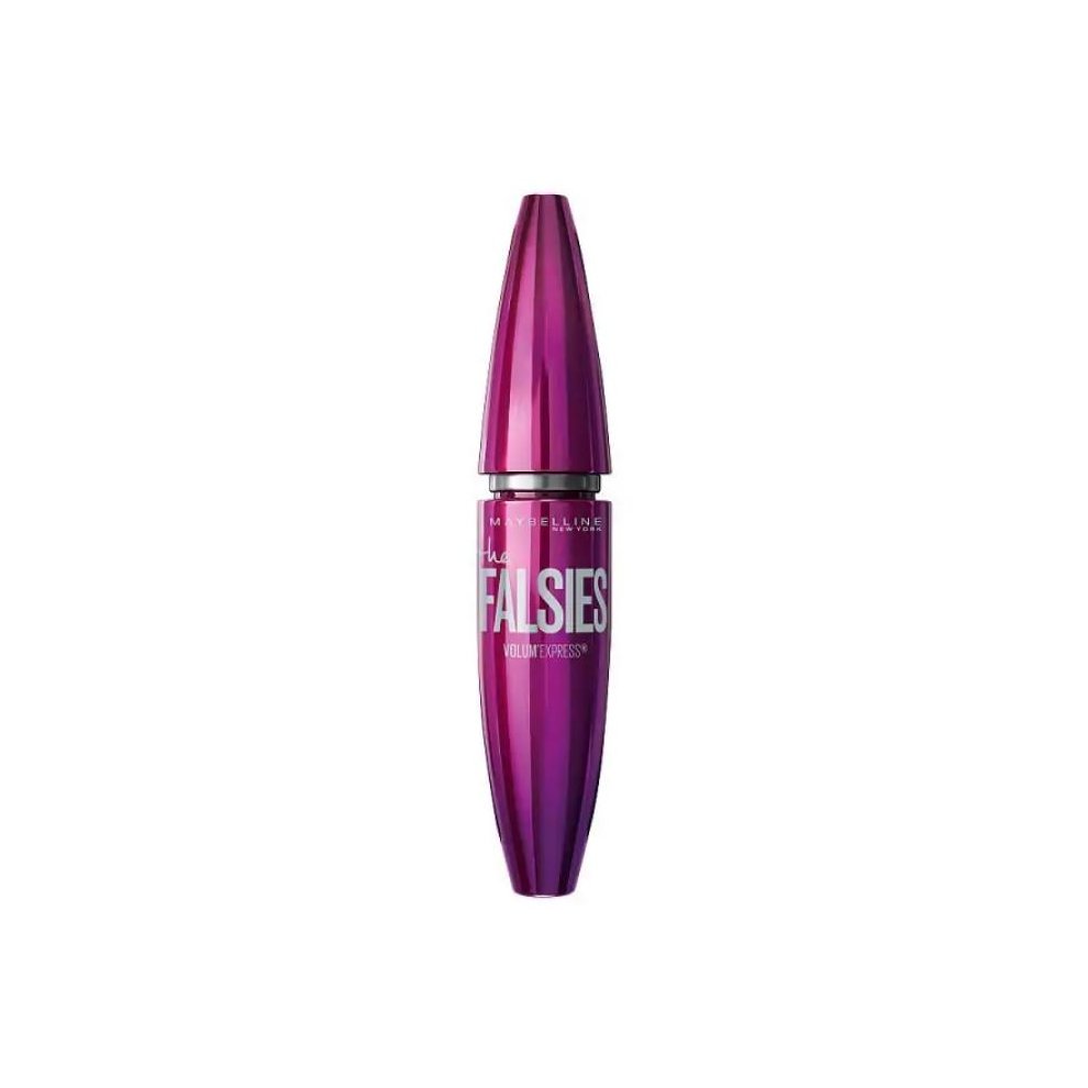 Maybelline Volumizing Mascara in a sleek, shiny purple tube with a tapered top, featuring bold white lettering that reads "The Falsies Volum' Express."