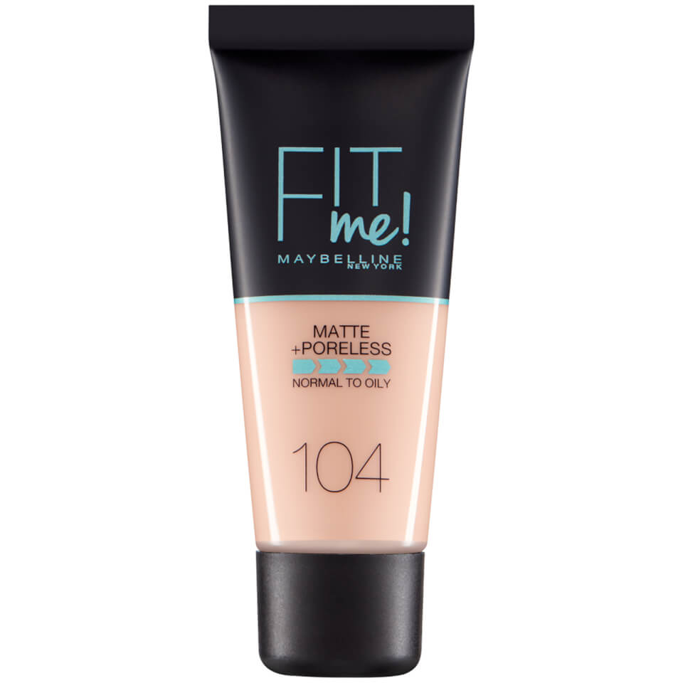 Maybelline Fit Me Matte & Poreless Foundation in shade 104 Soft Ivory, packaged in a sleek black and beige tube, designed for normal to oily skin, 30 ml size.