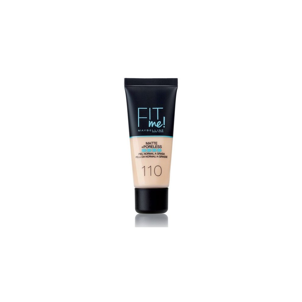 Fit Me! Matte+Poreless foundation in a 30 ml black and teal tube, labeled "Shade 124 Soft Sand," designed for normal to oily skin with a matte finish.