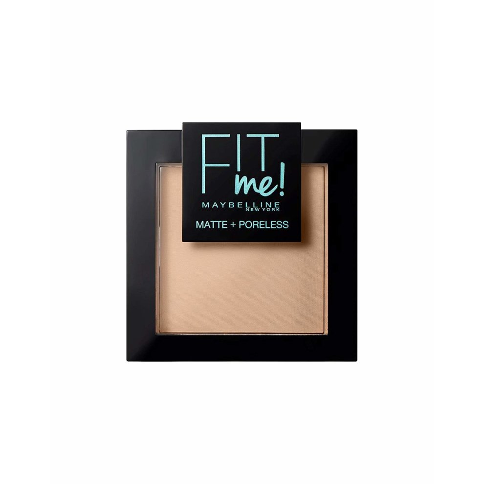 Debenhams Fit Me Matte & Poreless Oil Control Setting Powder in Buff Beige, featuring a sleek black compact with a teal "FIT ME!" logo on the lid.
