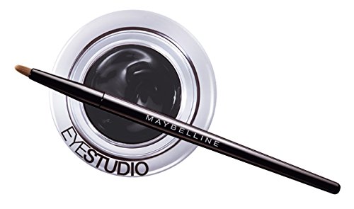 Black gel eyeliner in a clear round pot with a sleek black brush, featuring "MAYBELLINE" printed on the handle, designed for precise application.