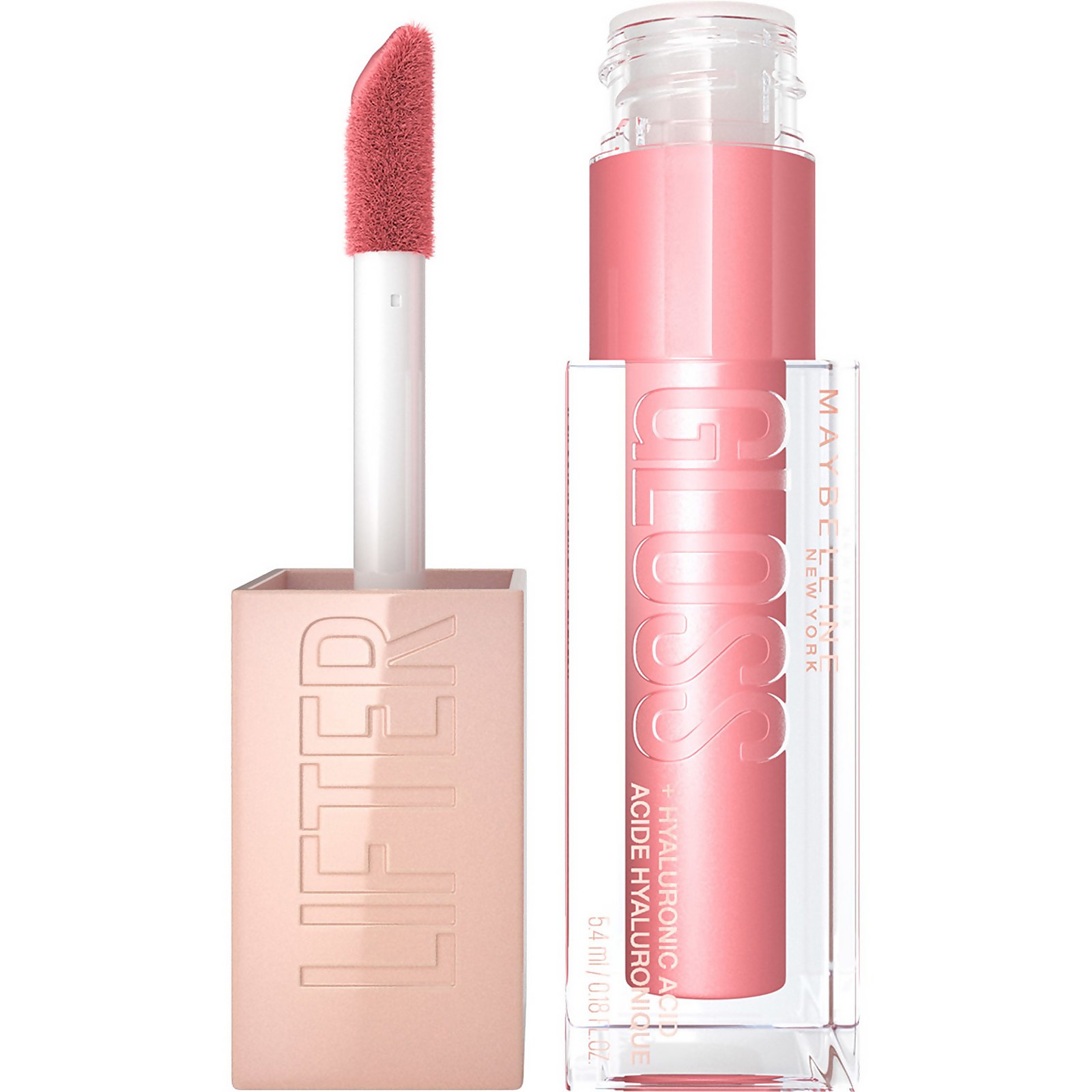 Maybelline Mayb Lip Gloss Lifter in shade N.019 Gold features a clear tube with a soft pink gloss and a plush applicator, housed in a sleek, metallic rose gold container.