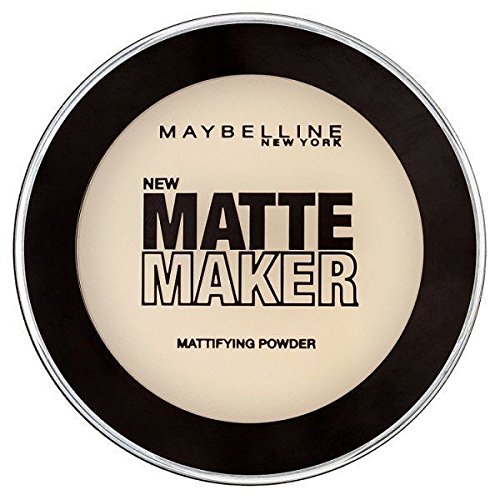 Round compact featuring Maybelline's "Matte Maker" branding in bold black letters, with a clear lid and a light beige powder visible inside.