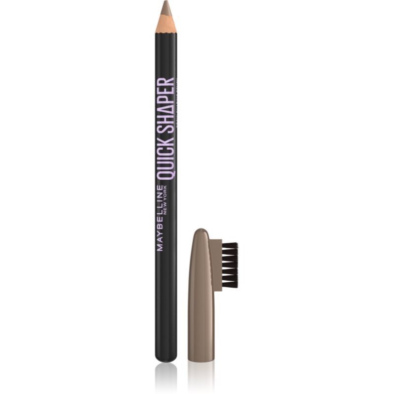 MAYBELLINE NEW YORK Quick Shaper Precise Eyebrow Pencil in Soft Brown, featuring a sleek black pencil with a purple label and a brush cap for precise application.