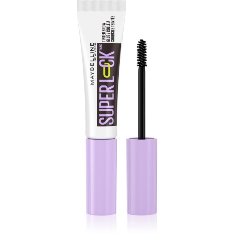 Maybelline Mayb Brow Glue Superlock Tinted features a purple tube with a black applicator wand, designed to style and tint eyebrows for a polished look.