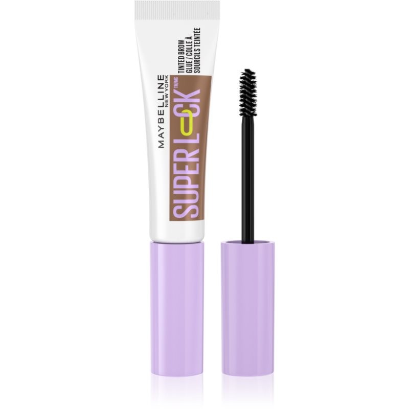 Maybelline Mayb Brow Glue Superlock Tinted features a sleek tube with a lavender cap and a black applicator brush for precise brow styling.