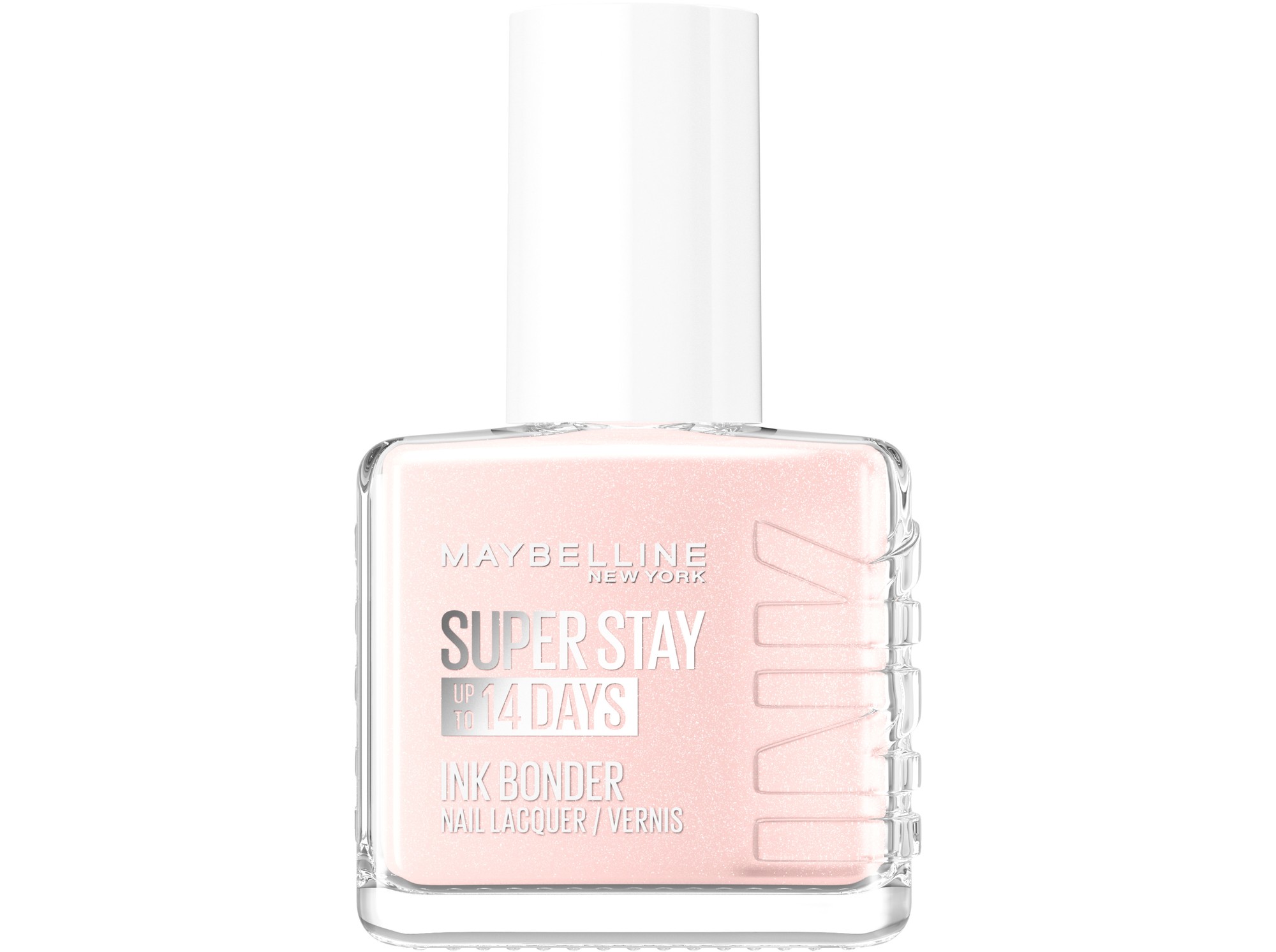 Maybelline Superstay 14 Days Nail Polish in shade 78-Porcelain, featuring a square glass bottle with a white cap, showcasing a soft pink color.