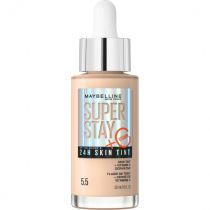 Maybelline Superstay 24H Skin Tint foundation in a 30ml glass dropper bottle, featuring a light beige shade with a silver label and a pipette for easy application.