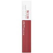 Maybelline Superstay Matte Ink Liquid Lipstick in a sleek tube featuring a white cap and a deep red matte finish, designed for long-lasting wear.