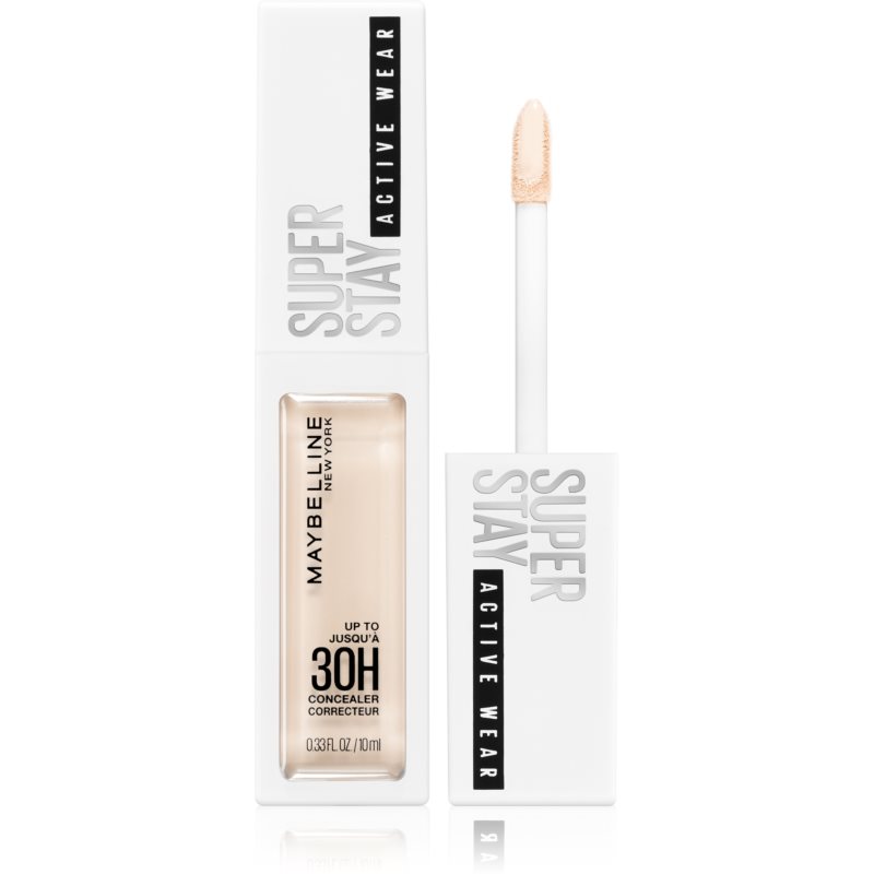 Maybelline Superstay 30HR Activewear Concealer in shade 10 Fair, featuring a sleek white tube with a clear window and a doe-foot applicator for precise application.