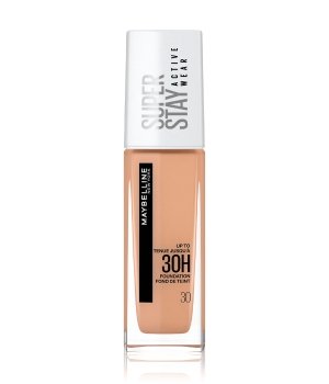 Maybelline Super Stay Active Wear 30H Foundation in a glass bottle with a sleek white cap, featuring a beige liquid shade and a label indicating long-lasting wear.