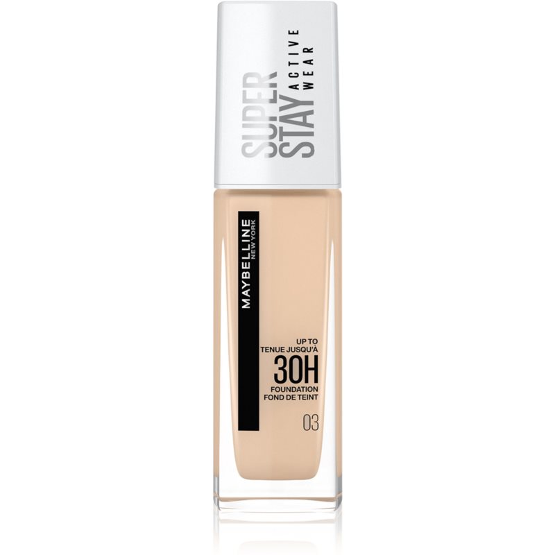 Maybelline Superstay Active Wear Foundation in shade 03 True Ivory, featuring a sleek glass bottle with a pump dispenser and a clear label highlighting its long-lasting formula.