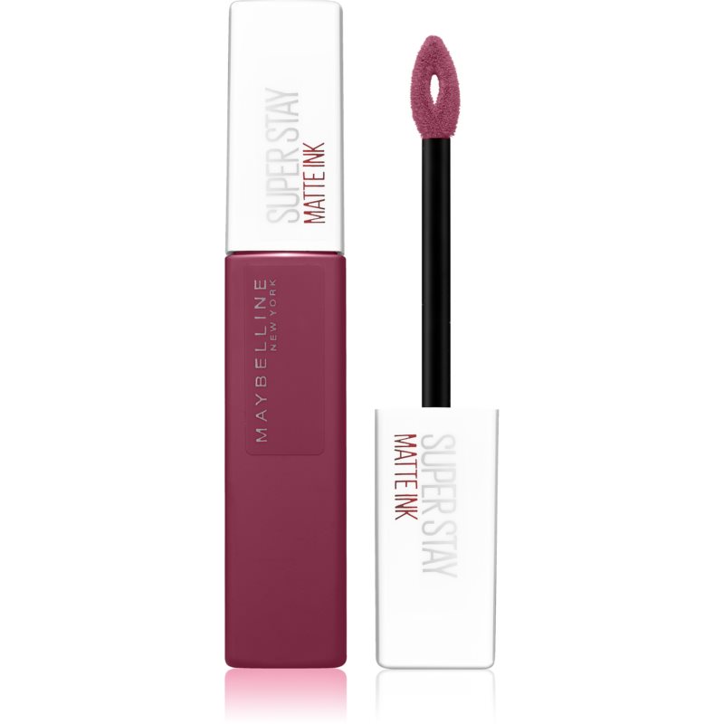 Maybelline Stay Matte Ink in shade 155 Savant features a sleek white tube with a dark mauve liquid lipstick and a doe-foot applicator for precise application.