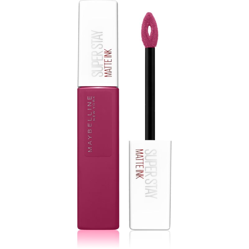 Maybelline Stay Matte Ink 150 Pathfinder features a sleek white tube with a vibrant fuchsia liquid lipstick and a soft applicator wand for precise application.