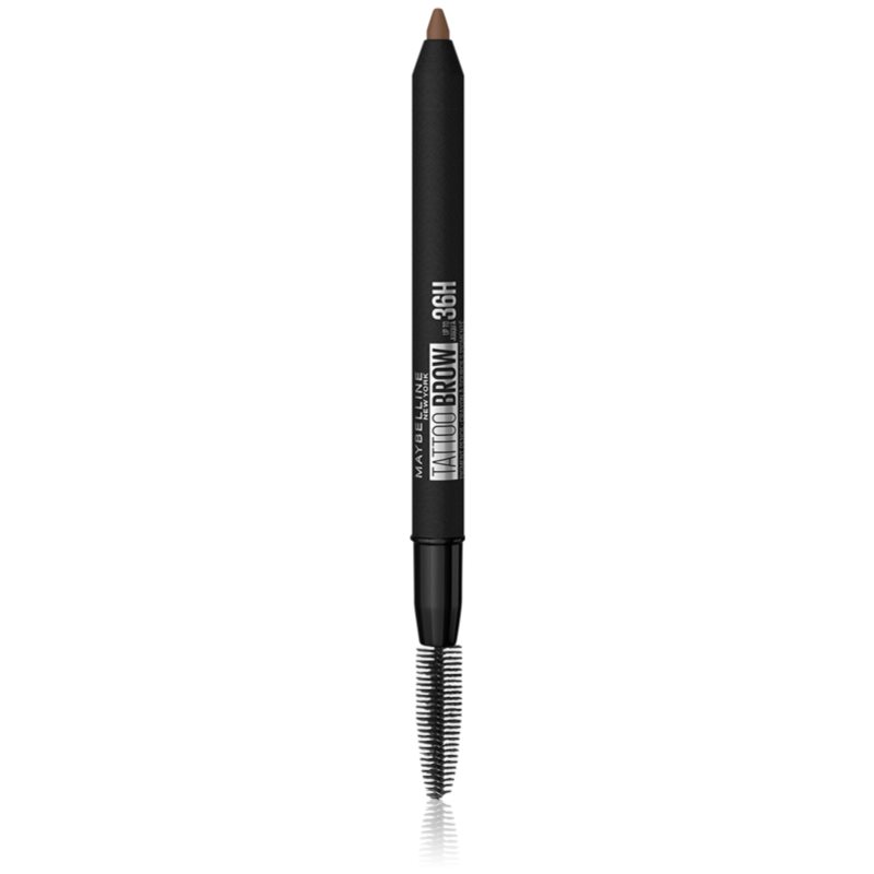 MAYBELLINE NEW YORK Tattoo Brow 36H Automatic Eye Pencil in Soft Brown, featuring a sleek black barrel and a dual-ended spoolie brush for blending.