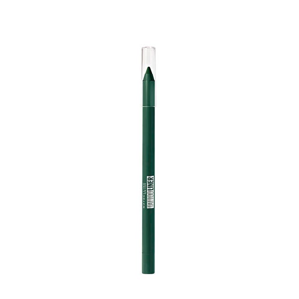 Green Tattoo Liner Gel Pencil #932-intense by Maybelline, featuring a sleek design with a transparent cap and a pointed tip for precise application.