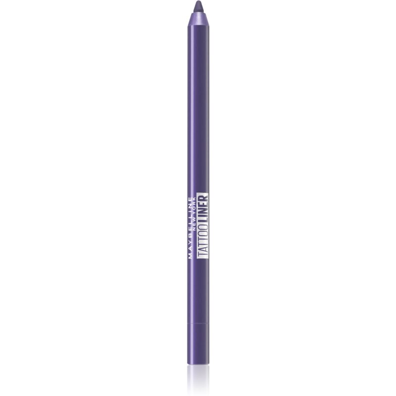 Purple gel eye pencil with a sleek design, labeled "MAYBELLINE NEW YORK Tattoo Liner" in silver, featuring the shade name "940 Rich Amethyst."