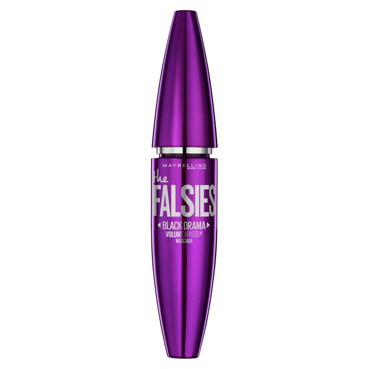 Purple mascara tube with a sleek design, featuring bold white text that reads "The Falsies Black Drama Volume Express" and a waterproof label, 8.2ml size.
